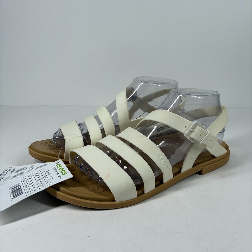 Crocs Tulum Women's 10 White Tan Strappy Buckle Flat Comfort Sandals 206107-1CQ